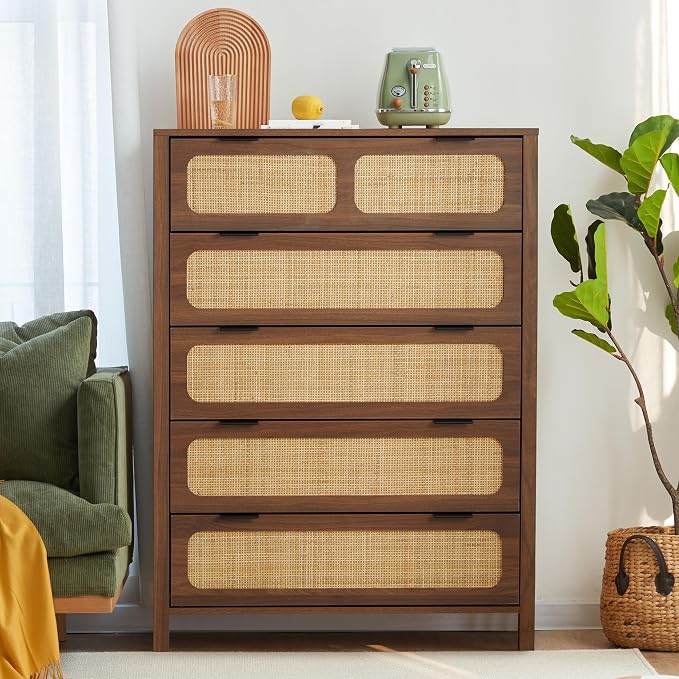 LEVNARY 5 Drawer Chest Dresser, Rattan Tall Dresser 5 Chest of Drawers Dressers by LEVNARY