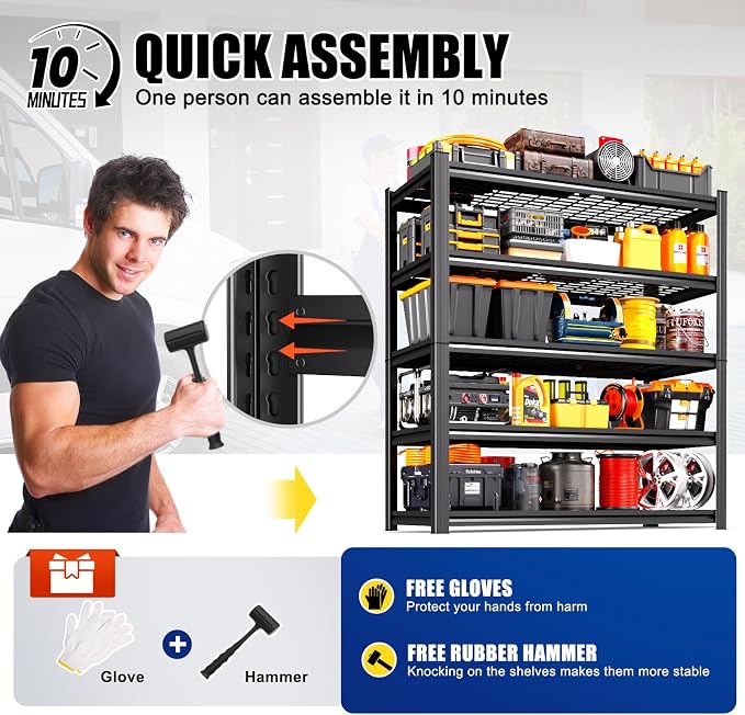 6 Pack Garage Shelving 5-Tier Heavy Duty Storage Shelves, Tool-Free Adjustable - Image 7