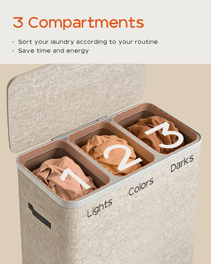 CASAMAYA Laundry Basket with Lid, Laundry Hamper 3 Section, 190L collapsible - Image 5