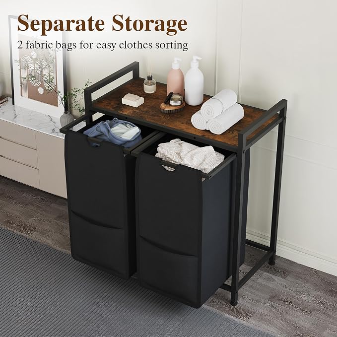 2-Section Laundry Hamper with Shelf, Pull-Out Removable 12.8 gal Bags, Metal - Image 4