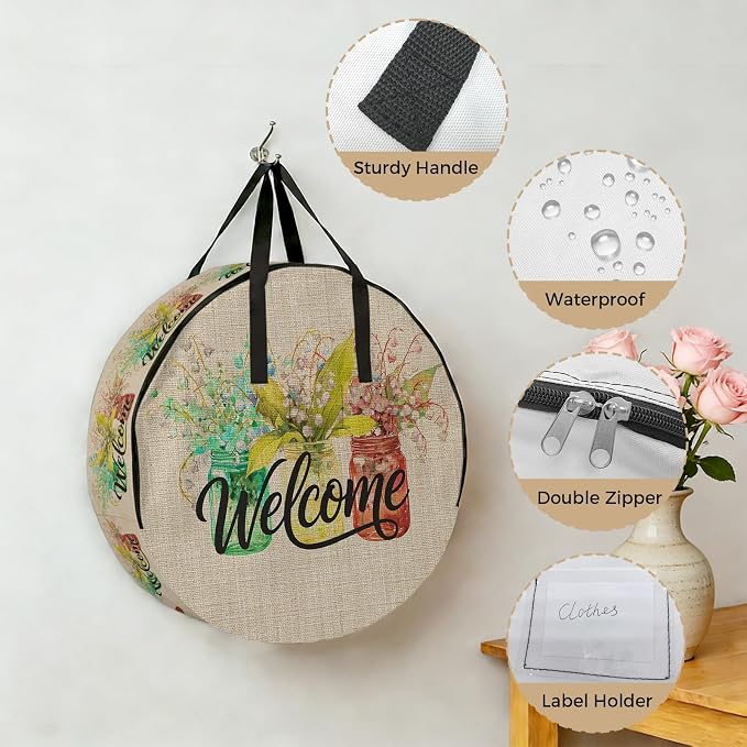 24 Inch Round Storage Bag 1 Pack, Welcome Words on Retro Linen Waterproof - Image 6
