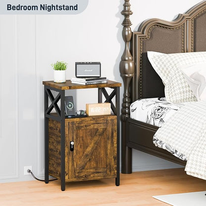 runjuly Wooden Nightstand with Lock Cabinet and Charging Station, Lockable - Image 2
