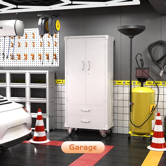 Metal Storage Cabinet with 2 Drawers, Garage Tool Cabinet on Wheels - Image 2