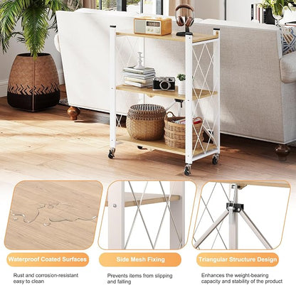 3 Tier Folding Shelf with Wheels, Metal Steel Collapsible Shelves, Folding - Image 5
