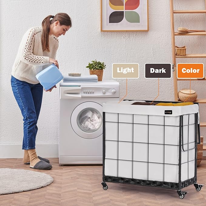 Laundry Hamper with Heavy Duty Caster Wheels; 3 Sections Clothes Hamper with - Image 3