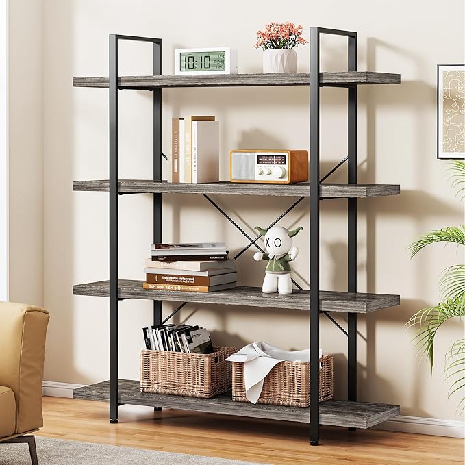 Heavy Duty 4-Tier Industrial Bookcase, 120lbs Shelf Capacity, Rustic Shelving by OtterOasis