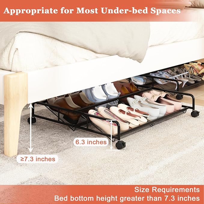 Under Bed Shoe Storage Organizer, 2 Pack Metal Mesh Under Bed Storage Containers - Image 5