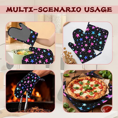 Blue Pink Stars Heat-Resistant Silicone Oven Mitts and Pot Holder 4 Piece Set - Image 6