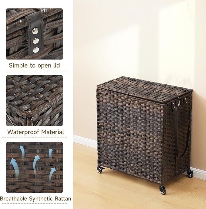 Laundry Hamper with Wheels, 39.6 Gallon Rolling Laundry Basket with Lid - Image 8