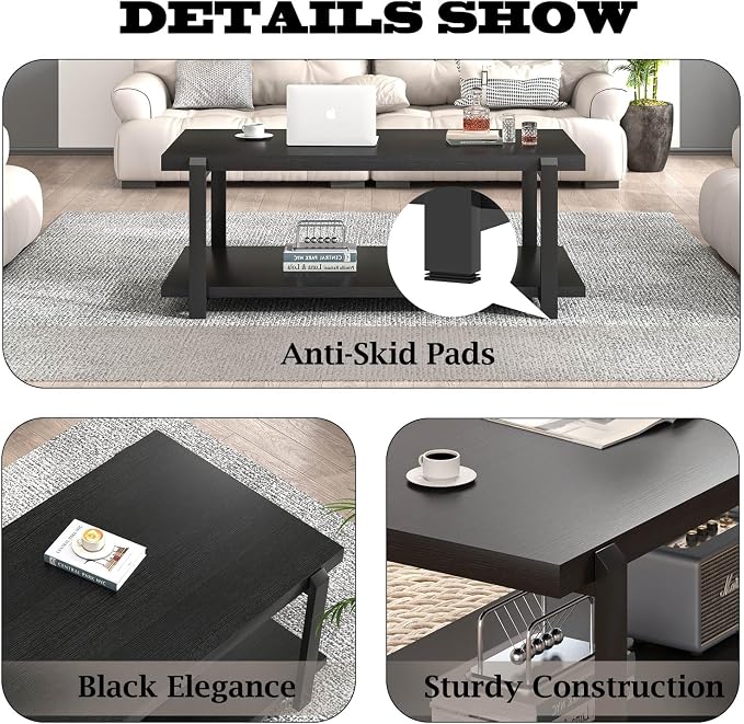 FOLUBAN Black Coffee Table, Modern Rustic Wood Center Table - Image 5