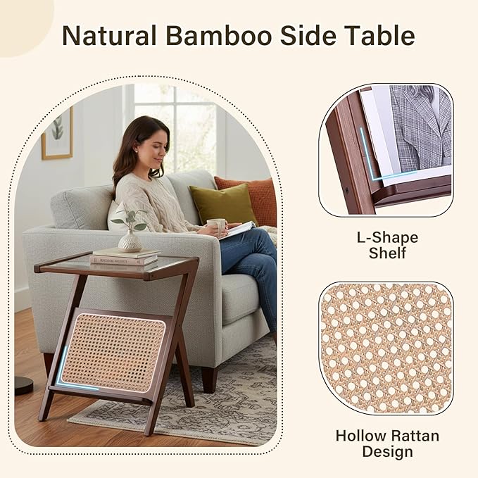 Tiita 2 Pack Rattan Side Table, Mid Century Nightstand, Bamboo Accent Bedside - Image 6