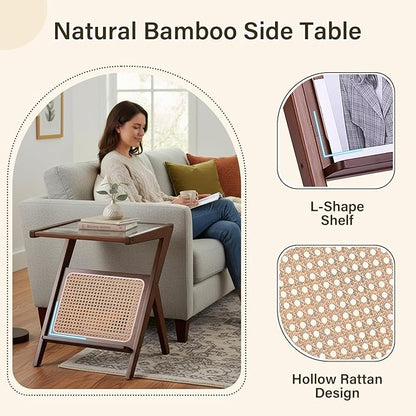 Tiita 2 Pack Rattan Side Table, Mid Century Nightstand, Bamboo Accent Bedside - Image 6