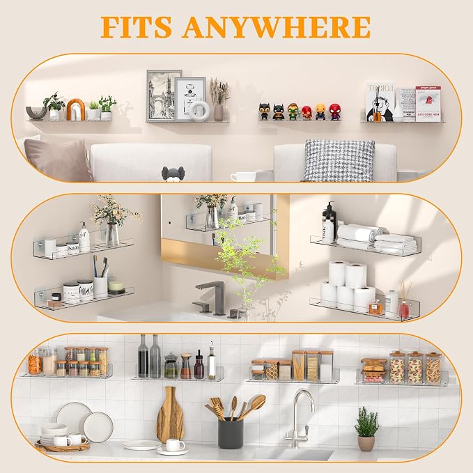 LAZYROSY 4 Pack Floating Shelves – Clear Acrylic/PET Wall-Mounted No Drill - Image 7