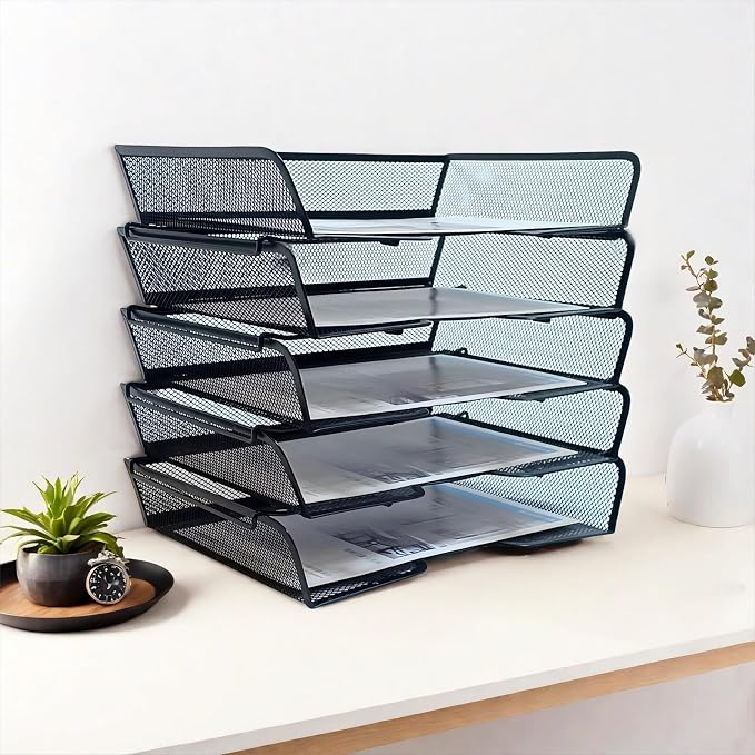 5 Tier Metal Mesh Desk Organizer-Stackable Letter Trays - Image 2