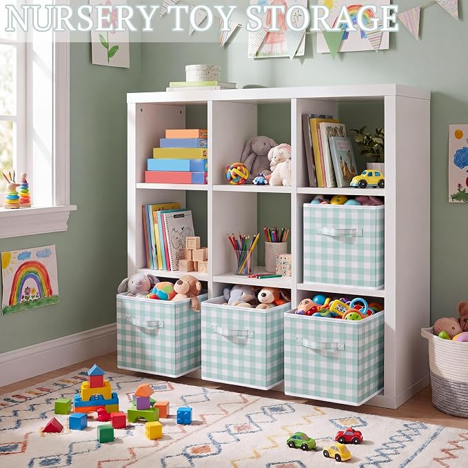Yalikop 6 Pcs Green Gingham Cube Storage Bins, 11 Inch Fabric Checkered - Image 4