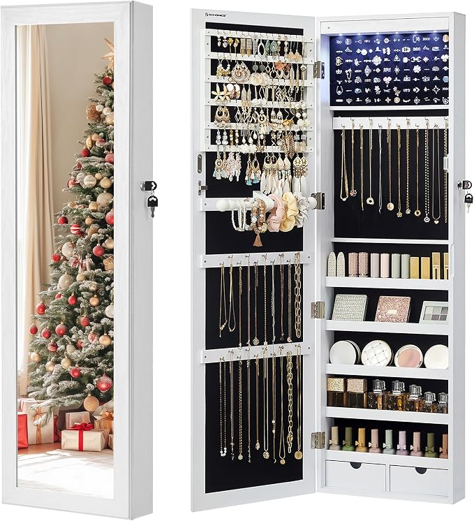 SONGMICS 6 LEDs Mirror Jewelry Cabinet, 47.2-Inch Tall Lockable Wall or Door by SONGMICSbySONGMICSHOME
