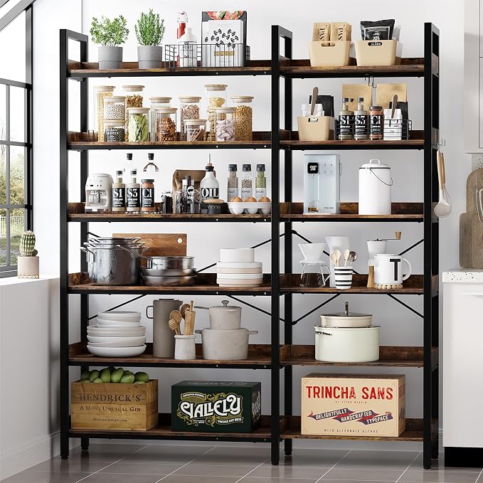 KOUSEI 6-Tier L-Shaped Reversible Corner Bookshelf, Wide Open Shelves + 4 Hooks - Image 6