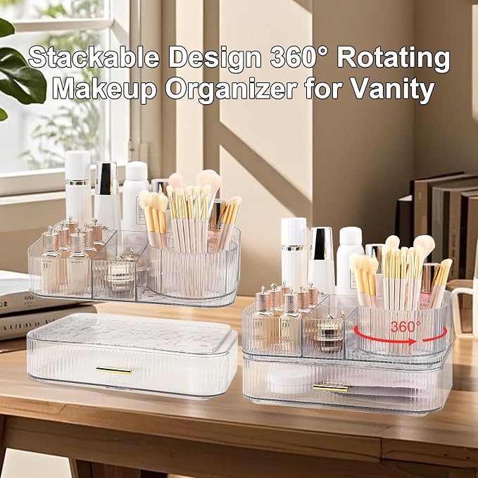 DASITON Makeup Organizer with Drawers and Rotating Makeup Brush Holder - Image 3
