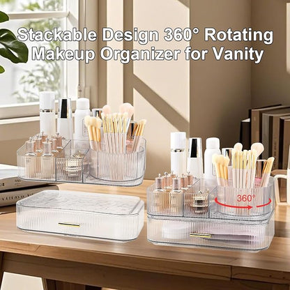 DASITON Makeup Organizer with Drawers and Rotating Makeup Brush Holder - Image 3