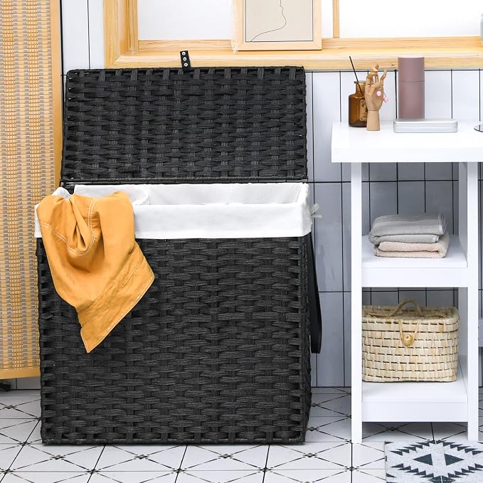 Giantex Laundry Hamper with Wheels and Lid, 125L Rattan Clothes Hamper with 2 - Image 4