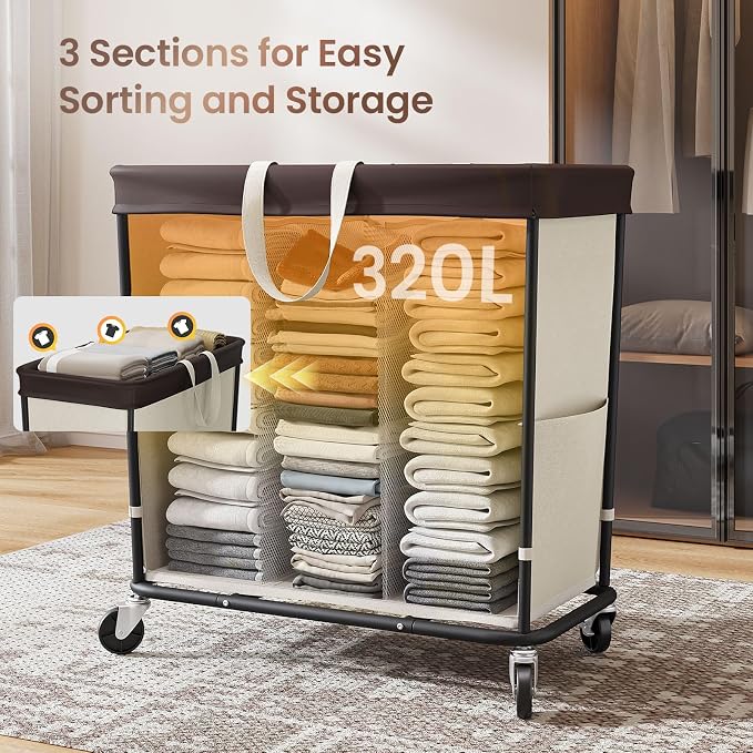 320L Laundry Basket with Wheels, 3-Section Rolling Hamper - Image 4