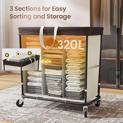 320L Laundry Basket with Wheels, 3-Section Rolling Hamper - Image 4
