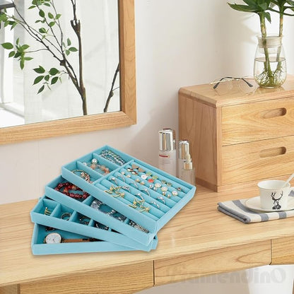 Framendino, 4 Pack Blue Velvet Jewelry Trays Stackable Organizer Drawer Inserts - Image 4