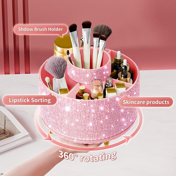 fanado Bling Diamond Makeup Brush Holder, 360° Rotating Makeup Organizer - Image 2