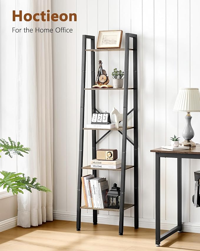 Hoctieon 5-Tier Industrial Ladder Bookshelf, Narrow Ladder Shelf, Tall Standing - Image 6