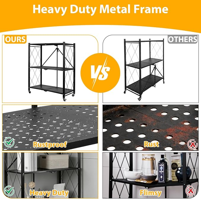 3 Tier Folding Shelf with Wheels, Foldable Metal Shelving Unit, No Assembly - Image 4