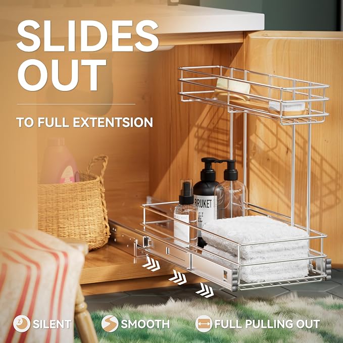 Under Sink Organizer 9"W X18.5"D，Pull Out Cabinet Organizer 2 Tier，Under Sink - Image 5