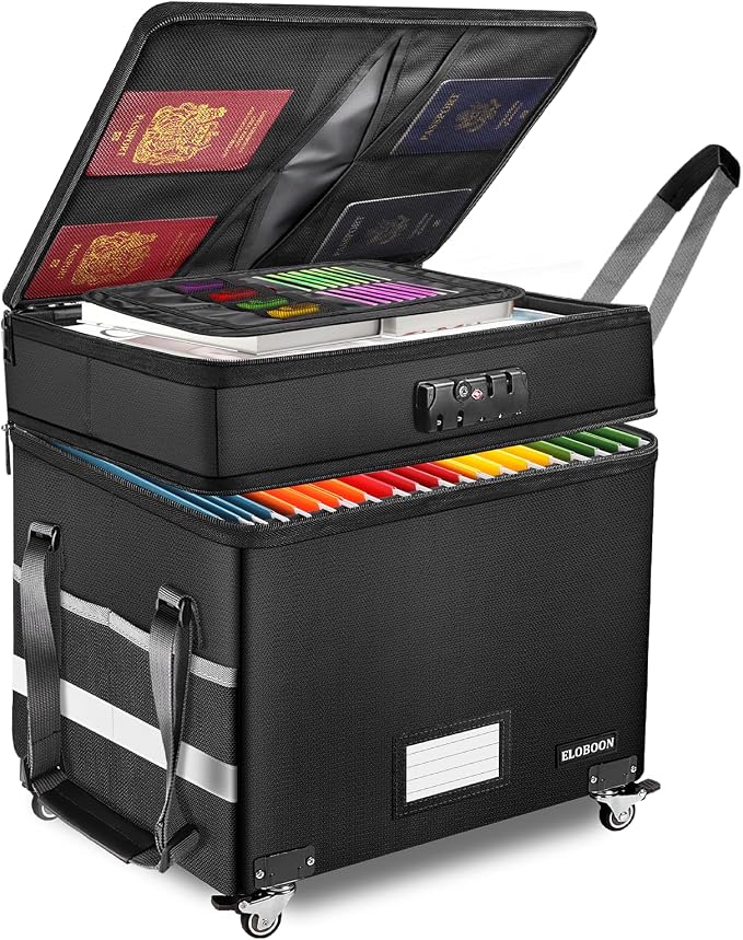 File Box with Lock, Fireproof Document Box with Wheels | Collapsible File by ELOBOON