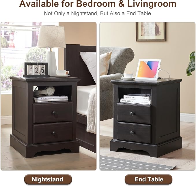 T4TREAM Nightstand with Charging Station, 18 Inch Vintage End Table with 2 - Image 5