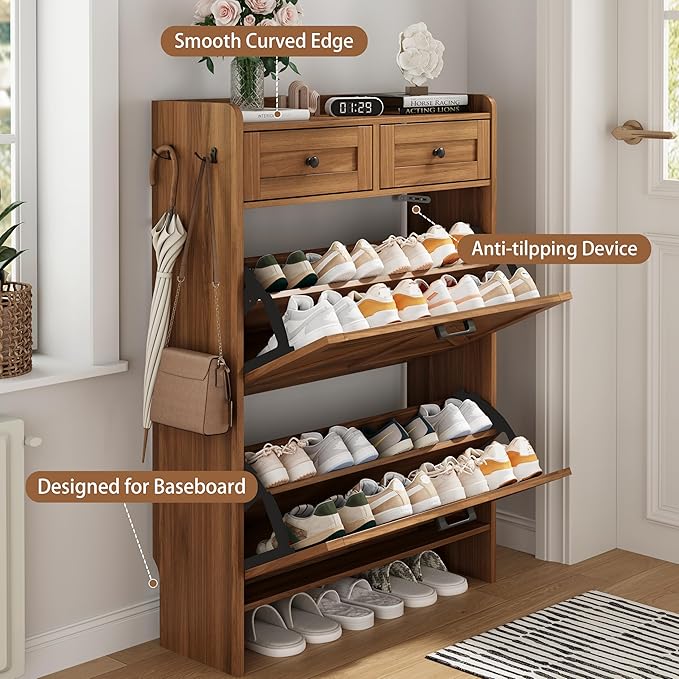 Shoe Cabinet with 2 Flip Drawers & 2 Top Drawers, Hidden Slim Shoe Rack - Image 5