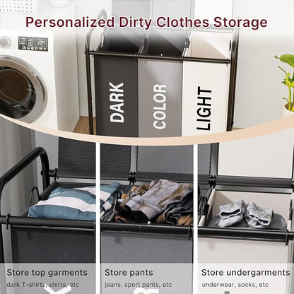 180L Laundry Sorter 3 Section – Heavy Duty Rolling Laundry Basket - Image 3