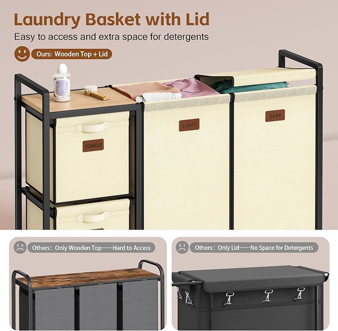 Hoctieon 4 Section Laundry Cart, 48 Gal. Laundry Hamper - Image 3