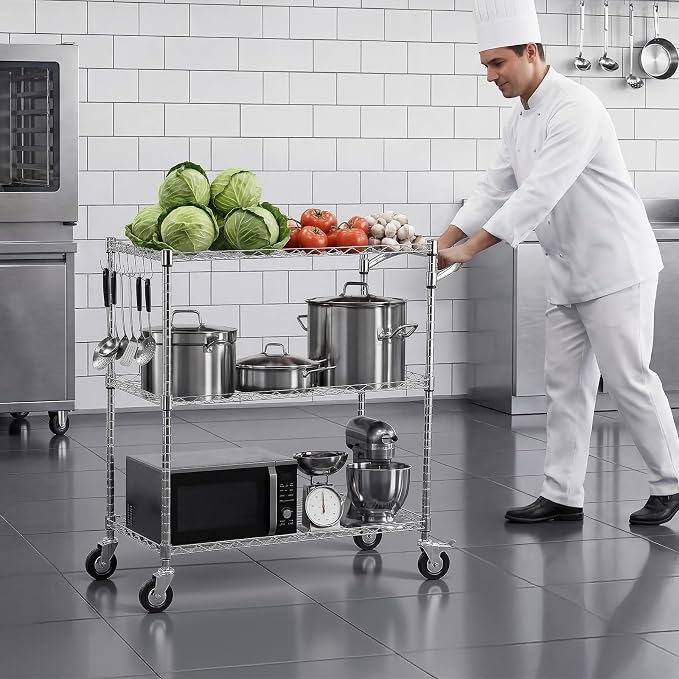 VEVOR Kitchen Utility Cart, 3 Tier Heavy Duty Adjustable Wire Storage Rack - Image 8