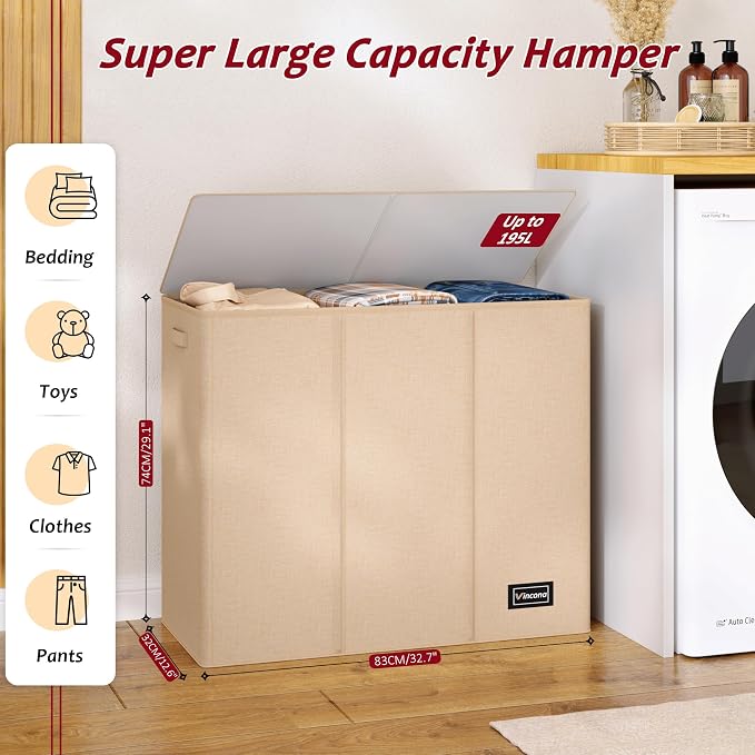 195L Laundry Hamper 3 Section, Large Laundry Hamper - Image 2