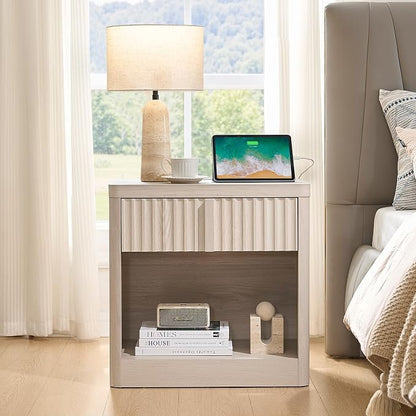 Fluted Nightstand with Charging Station, 23.6" End Table with Open Shelf and - Image 7