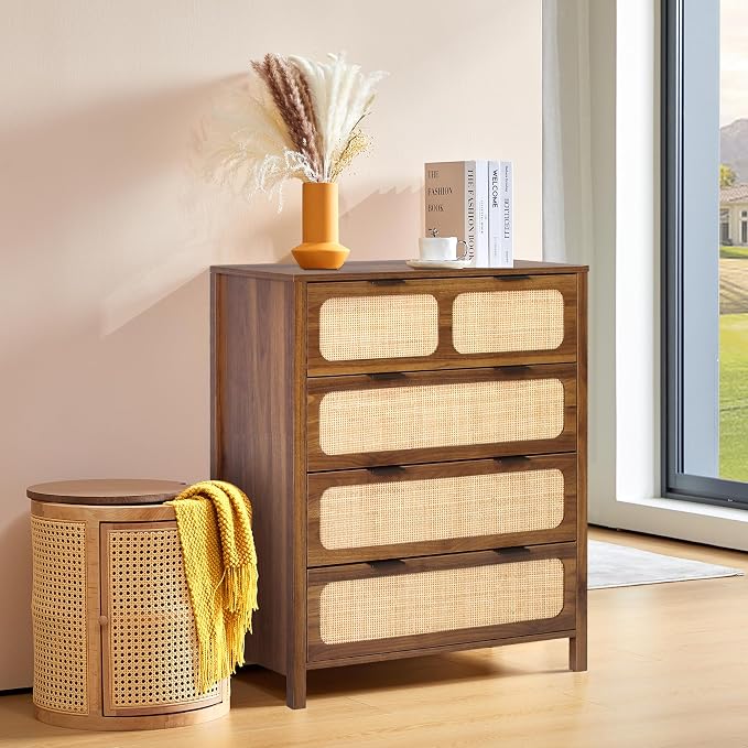 4 Drawer Dresser with Rattan Finish, Modern Farmhouse Chest of Drawers with - Image 3