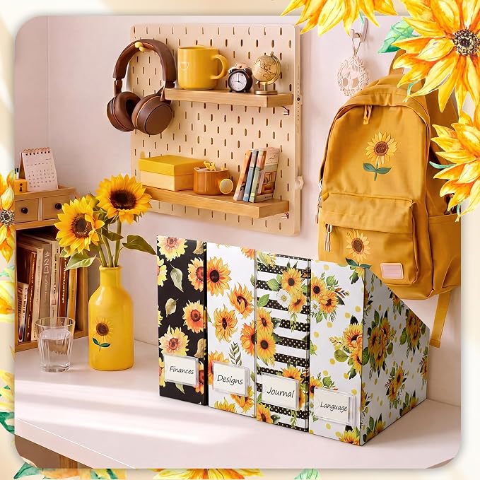 Sunflower Magazine File Holder Decorative Set of 4 | Foldable Magazine Storage - Image 5