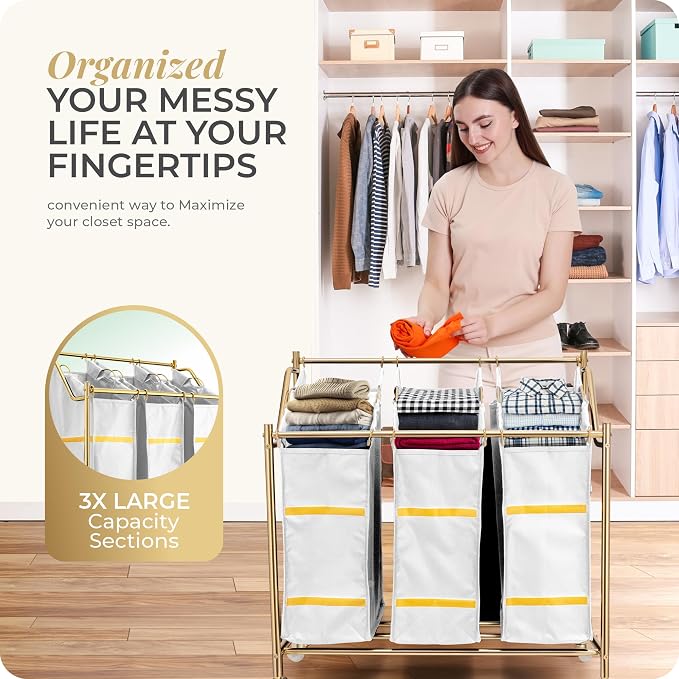 LUXURY STYLE 3- Sections Laundry Sorter, Roling Laundry Cart, Modern Golden - Image 6