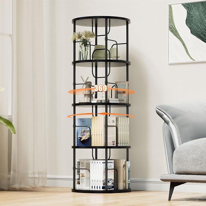 Flycity 4 Tier Rotating Bookshelf, 360° Corner Bookshelf Tower, Round Revolving by FLYCITY