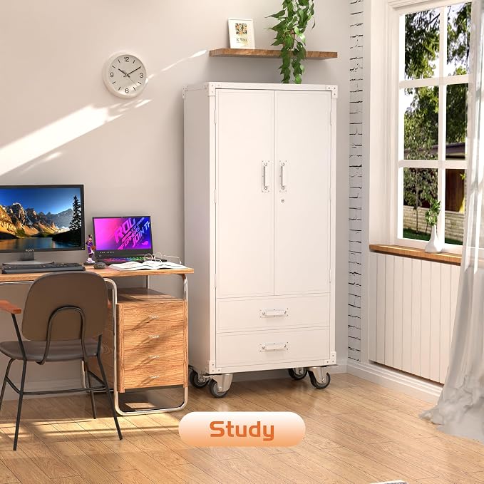 Metal Storage Cabinet with 2 Drawers, Garage Tool Cabinet on Wheels - Image 7