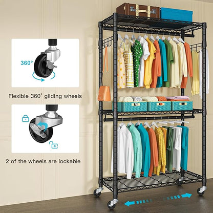 FUTASSI P1 Heavy Duty Garment Rack, 3 Tiers Adjustable Rolling Metal Closet - Image 5