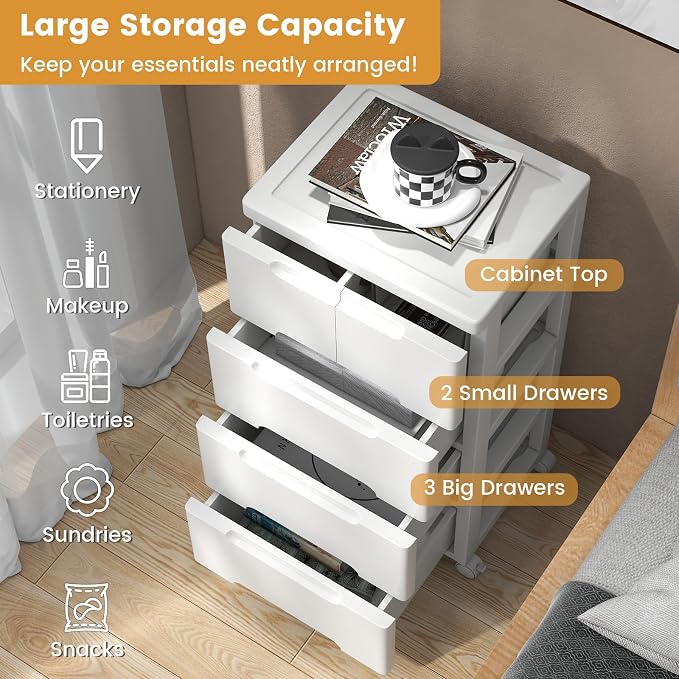 LOKO 5-Drawer Plastic Rolling Storage Cart | Mobile Storage Cabinet | Vertical - Image 6