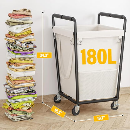 180L Laundry Basket with Wheels & Handles, Laundry Cart with Removable Bag & - Image 3