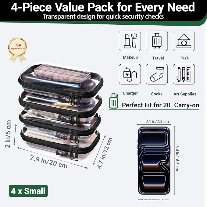 YQBRAO 4-Pack Clear Hard Shell Zipper Case, 1.2mm Ultra-Thick Diaper Bag - Image 4