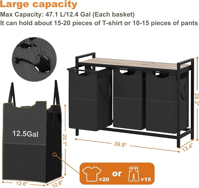 Heybly Laundry Hampers, 3 × 12.5 Gal Laundry Basket - Image 3