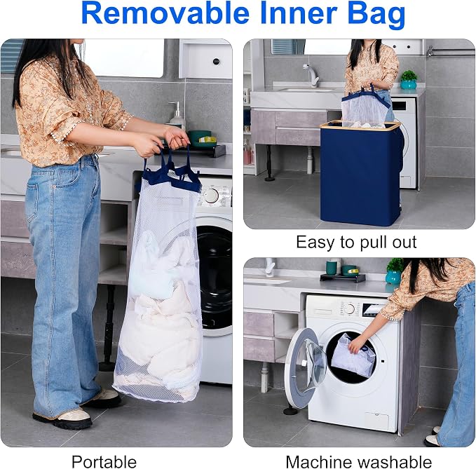 efluky Laundry Hamper with Lid, Trio Laundry Basket with 2 Removable Bags - Image 4